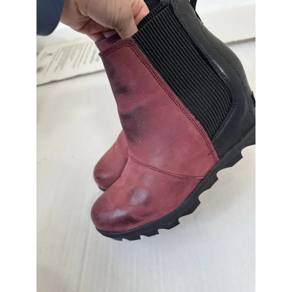 SOREL Leather Wedge Bootie Women 7.5 Red Black Hidden Heeled Joan of Arctic Boot